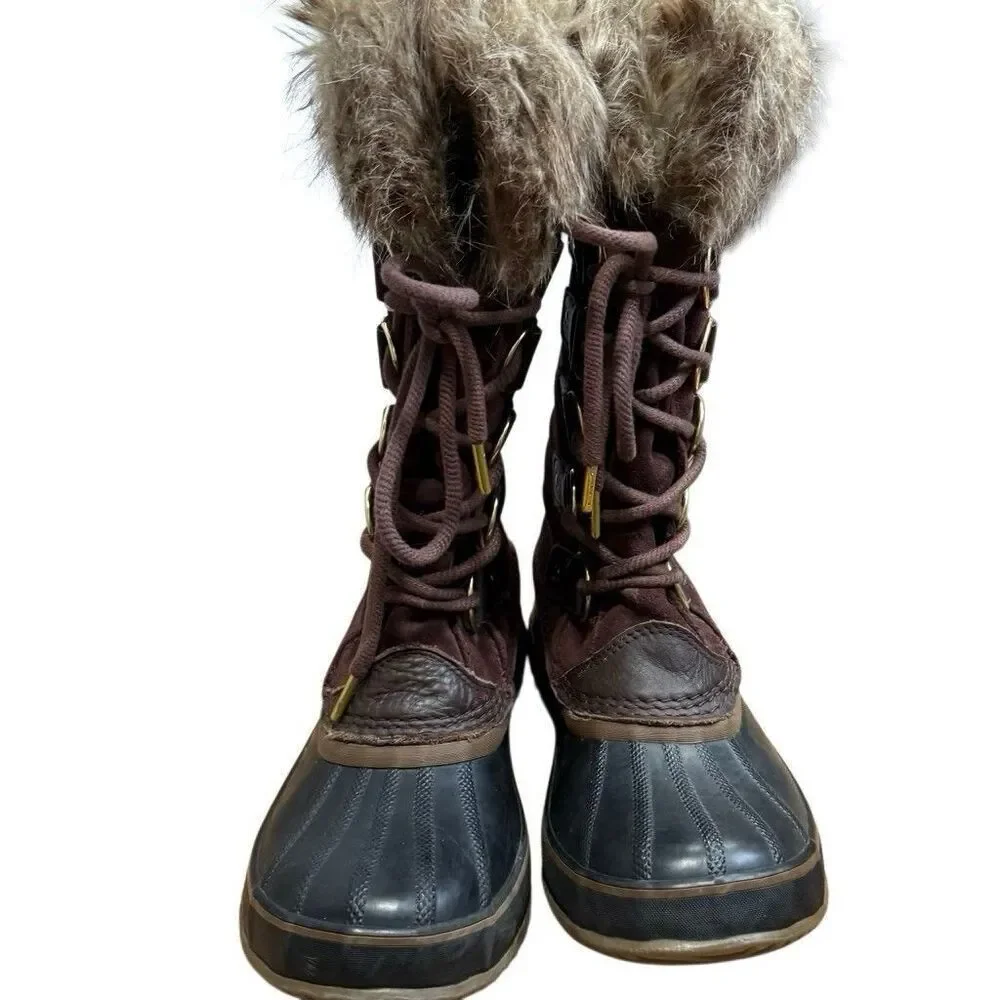 Sorel Waterproof Fur Trim Knee High Snow Boots Brown US 9